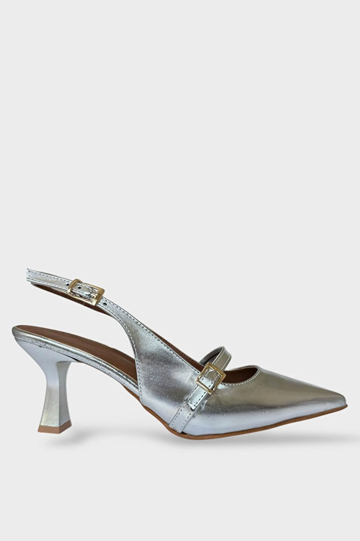 Kadın Tek Bant Tokalı Sivri Burun Arkası Açık Topuklu Ayakkabı GÜMÜŞ