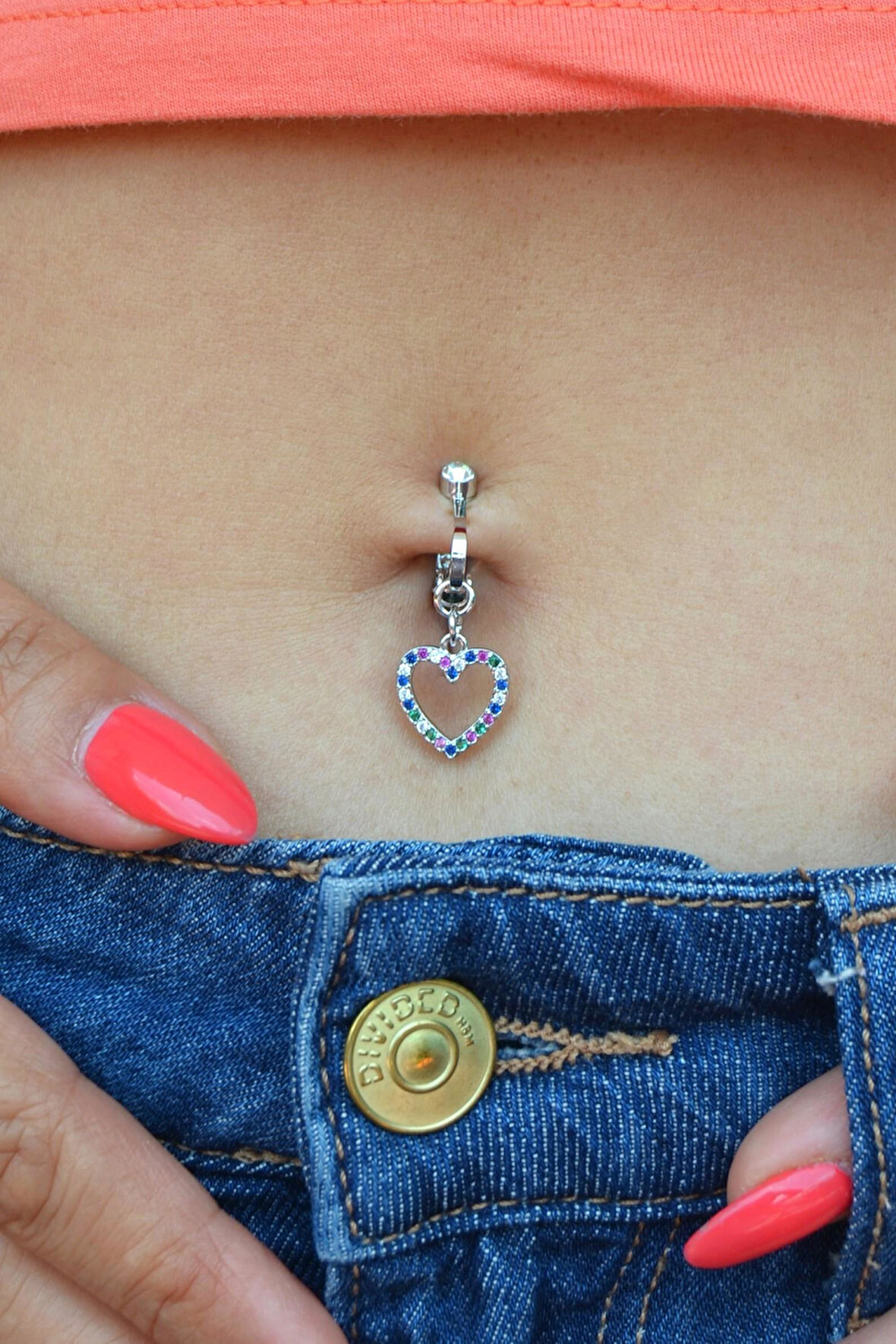 Renkli Kalp Figürlü Deliksiz Göbek Piercingi