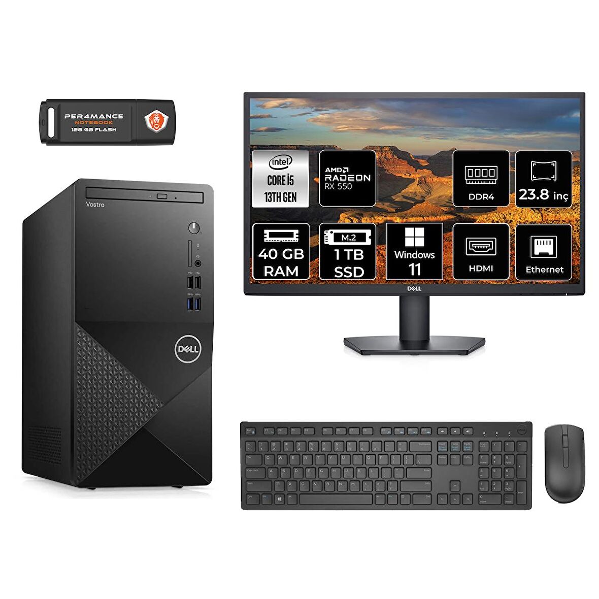 Dell Vostro 3020 i5 13400 40GB 1TB SSD RX550/4GB W11H N2054VDT3020MTU MASAÜSTÜ PC & 23.8" MONİTÖR