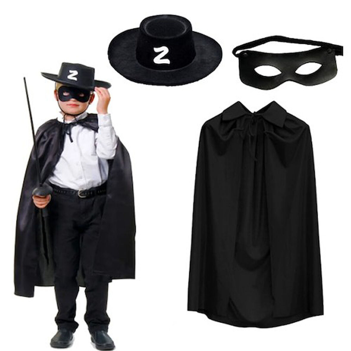 JustCheapStoreZorro Pelerin Şapkası ve Maske Seti Çocuk Boy