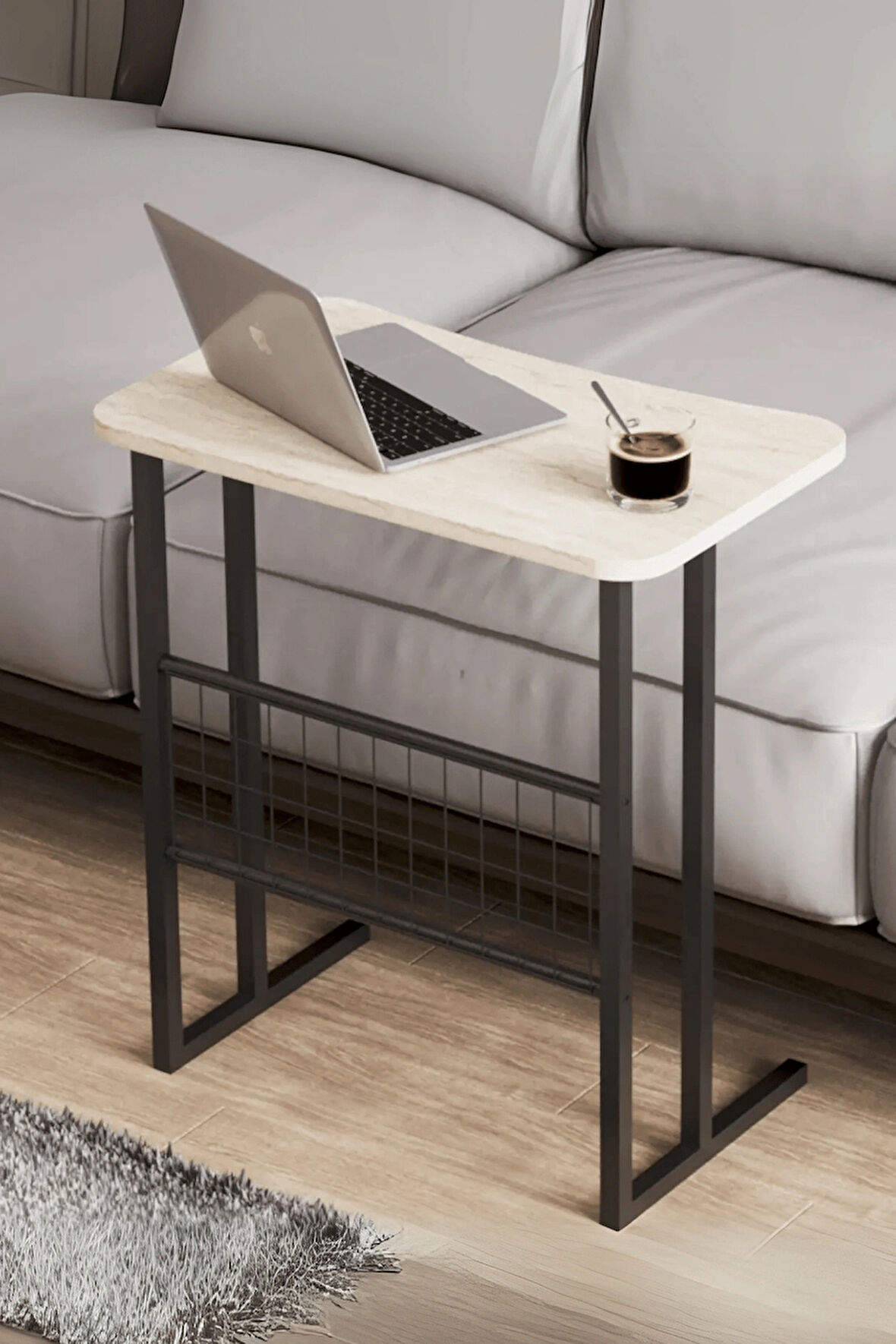 Reyo Metal Ayaklı Laptop Sehpası Koltuk Sehpası Kahvaltı Masası Çalışma Sehpası Krem Mermer