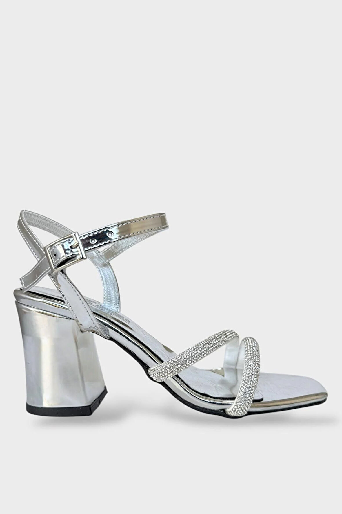 Kadın Çift Bantlı Taş Detay Topuklu  Ayakkabı GÜMÜŞ