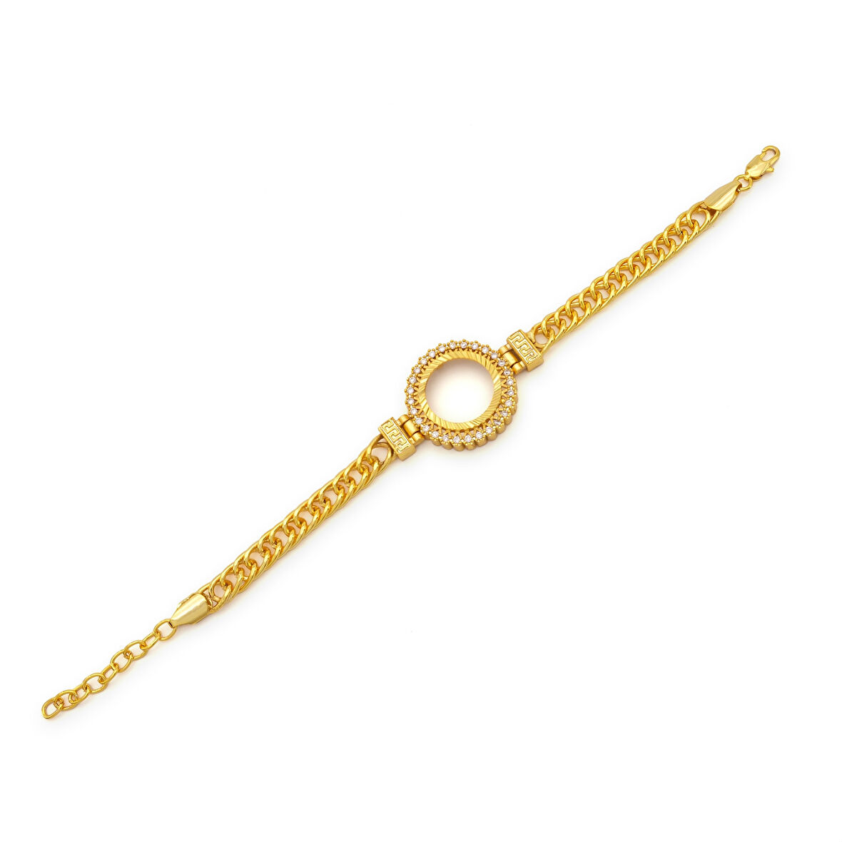 Altın Kaplama İmitasyon Zirkon Taşlı İşlemeli Zincir Çeyrek Çerçeve Bileklik BLK-1170