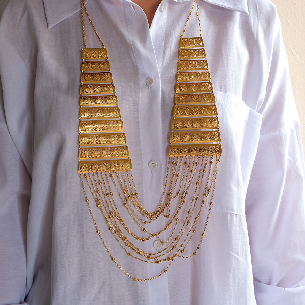 Altın Kaplama Sıralı Çiçek Desenli Akıtma Gerdanlık Kolye KLY-658