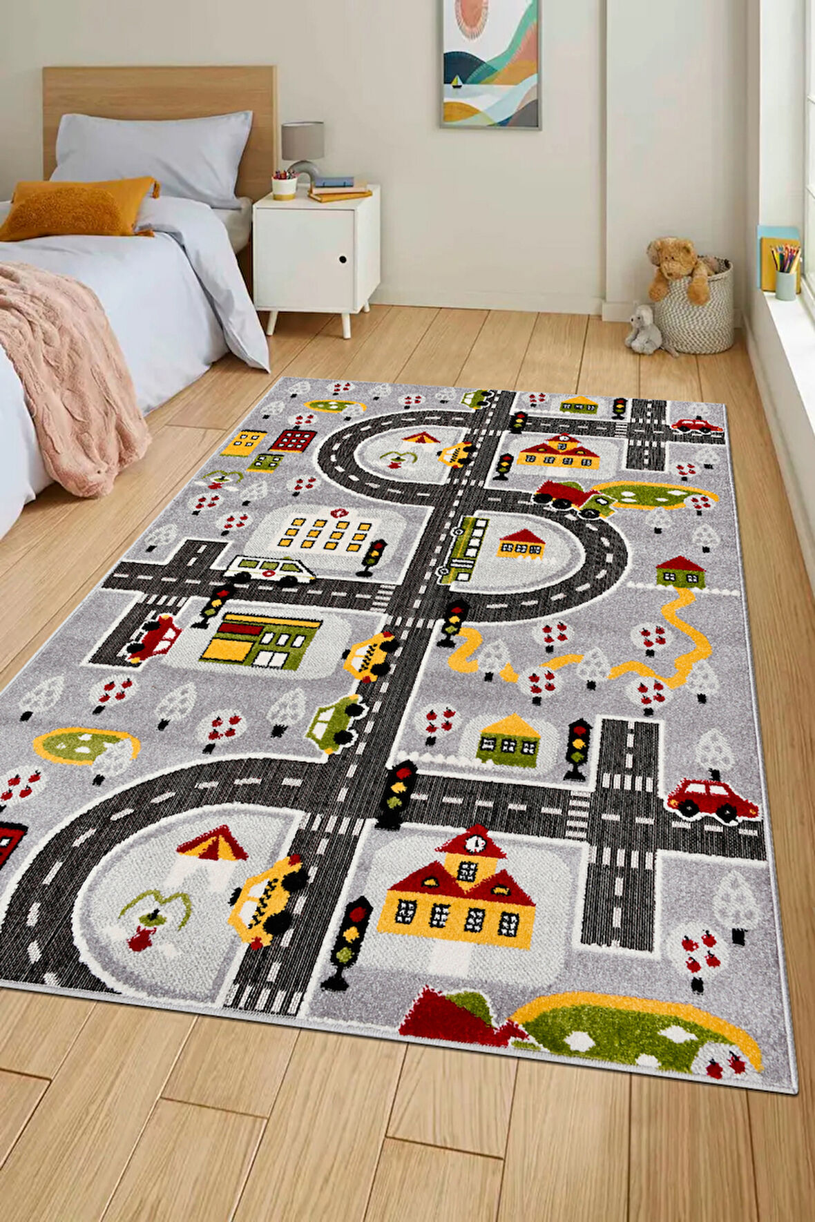 Oyun Şehri Çocuk Oyun Halısı | 3 Boyutlu Araba Yolu Desenli, Tozumaz, Kolay Temizlik, Jüt Tabanlı