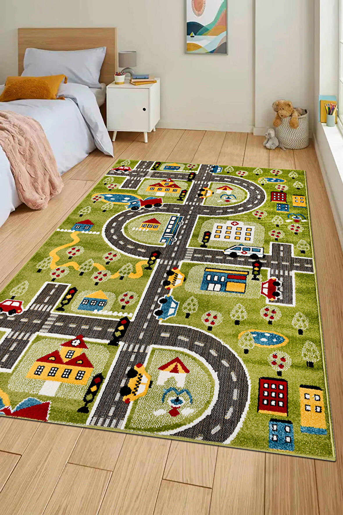 Oyun Şehri Çocuk Oyun Halısı | 3 Boyutlu Araba Yolu Desenli, Tozumaz, Kolay Temizlik, Jüt Tabanlı