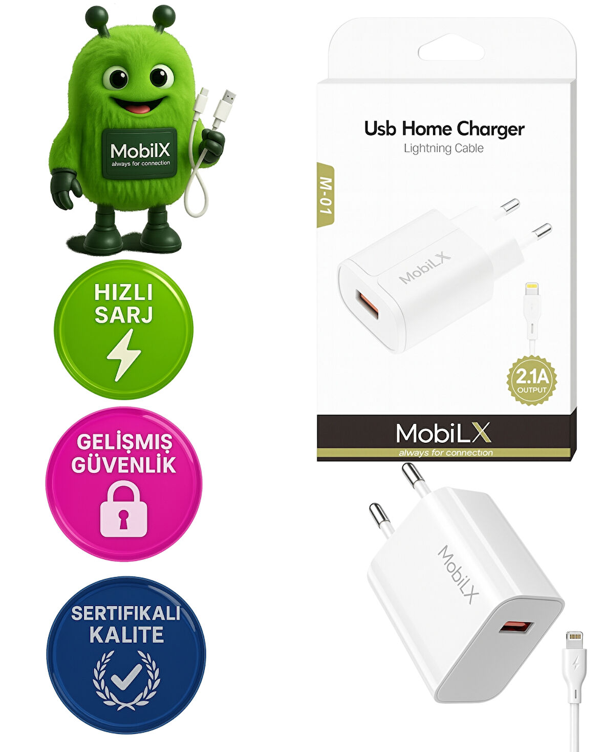 MobiLX M-01 iPhone 11–14 Pro Max Uyumlu 2.1A USB Şarj Adaptörü + Lightning Kablo