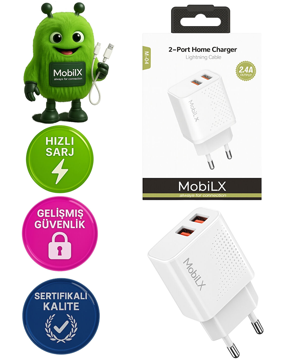 MobiLX 2.4A iPhone 8–14 Pro Max Uyumlu Hızlı Şarj Adaptörü + Lightning Kablo