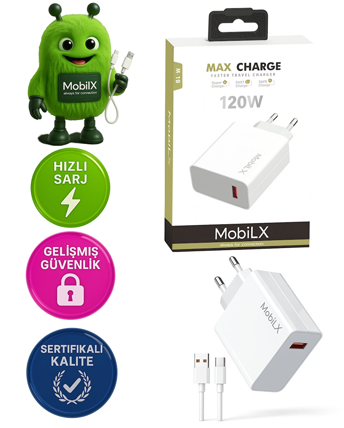 MobiLX 67W Turbo Max Hızlı Şarj Aleti + Type-C USB Kablo