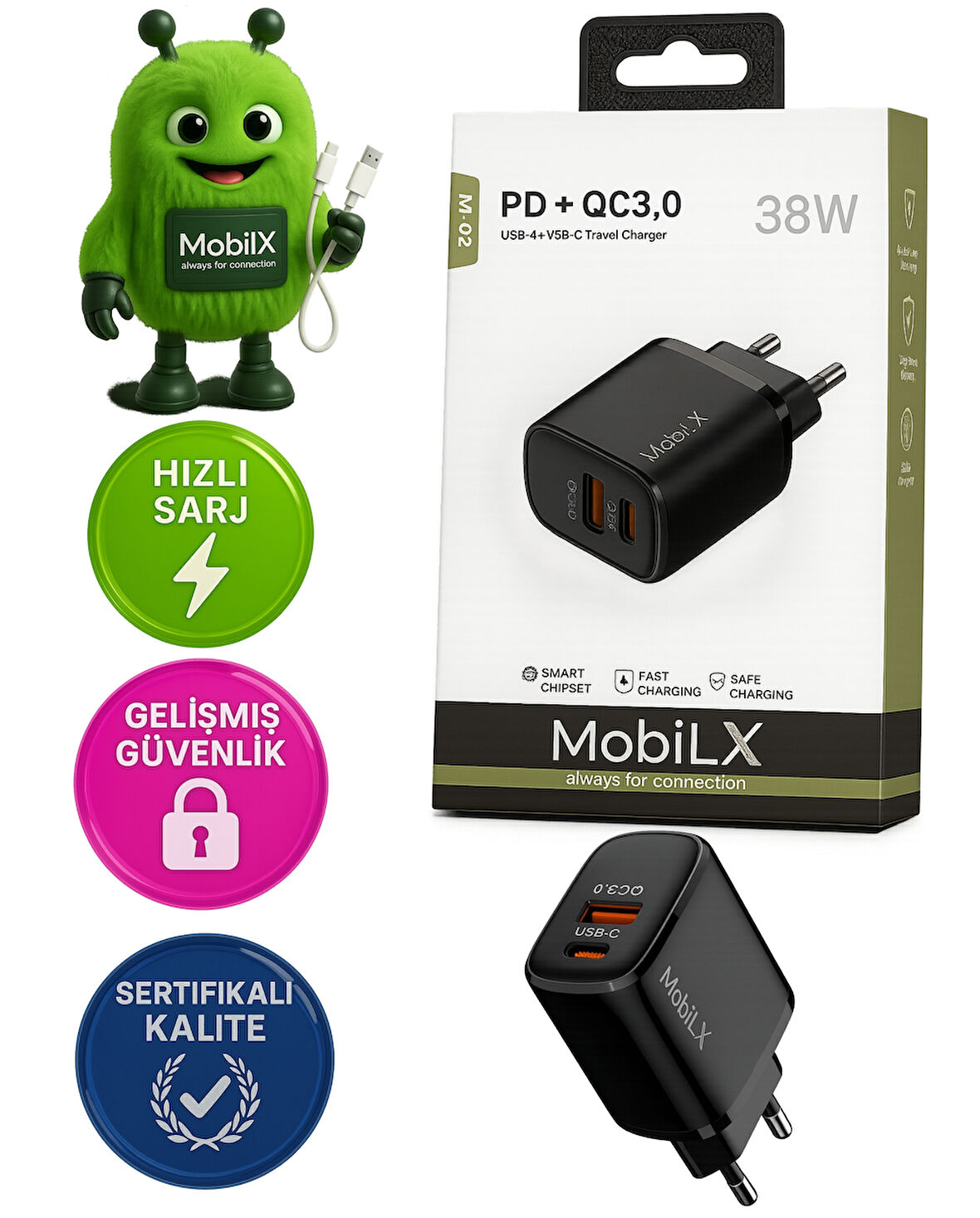 MobiLX M-02 38W Çift Portlu PD + QC 3.0 Hızlı Şarj Adaptörü | USB-A & Type-C