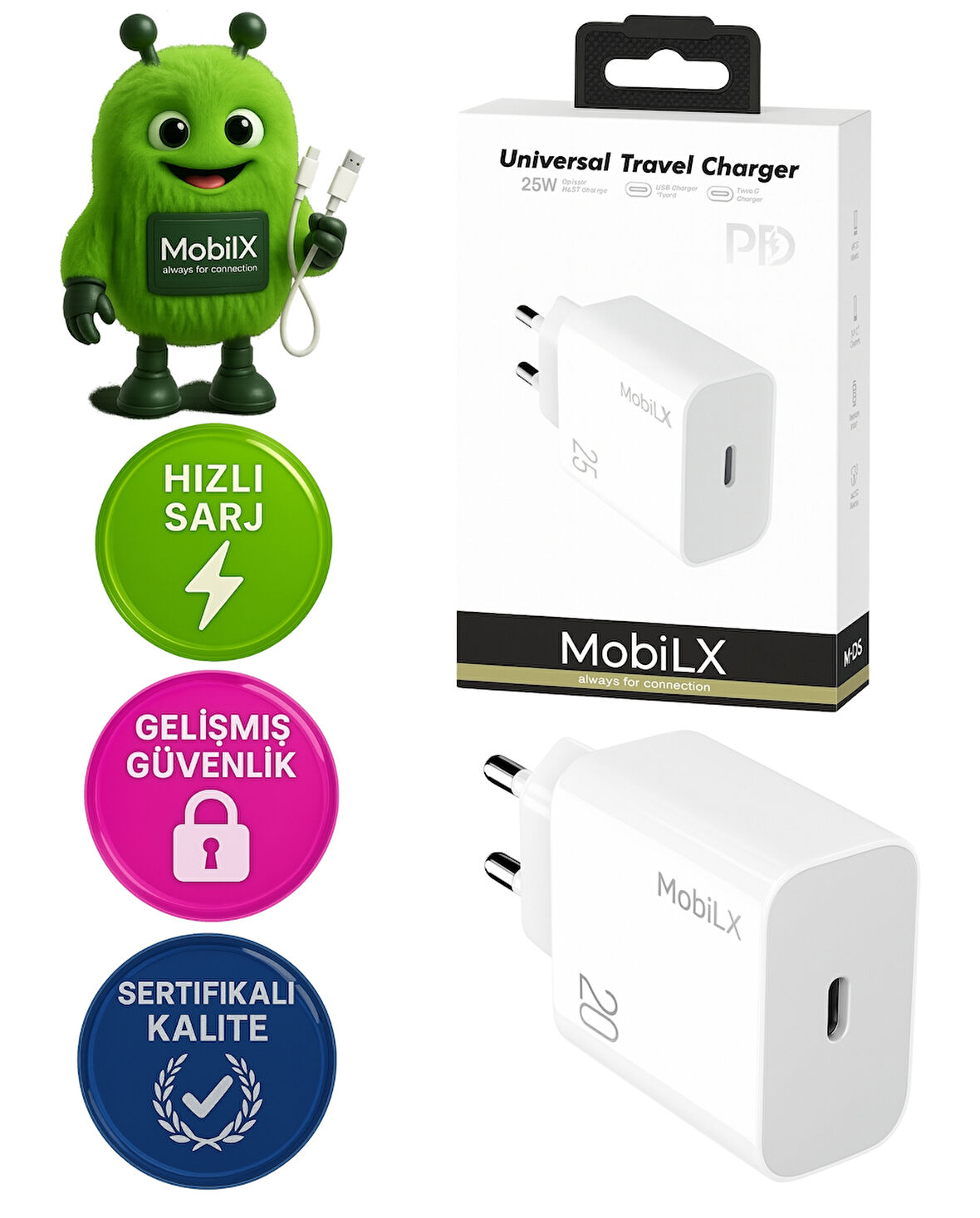 MobiLX M-08 25W Type-C Hızlı Şarj Adaptörü | Samsung, iPhone, Xiaomi, Oppo, Huawei, Reeder Uyumlu