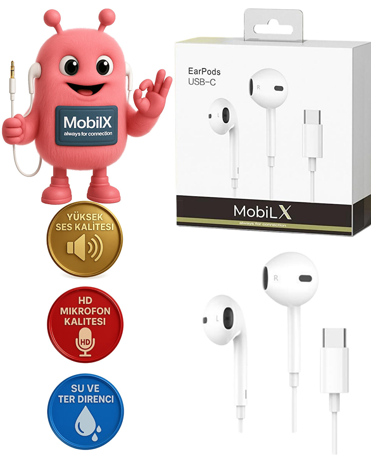 MobiLX iPhone 15/16 Type-C Kablolu Kulaklık – Orijinal Ses, Mikrofonlu, Tak-Çalıştır