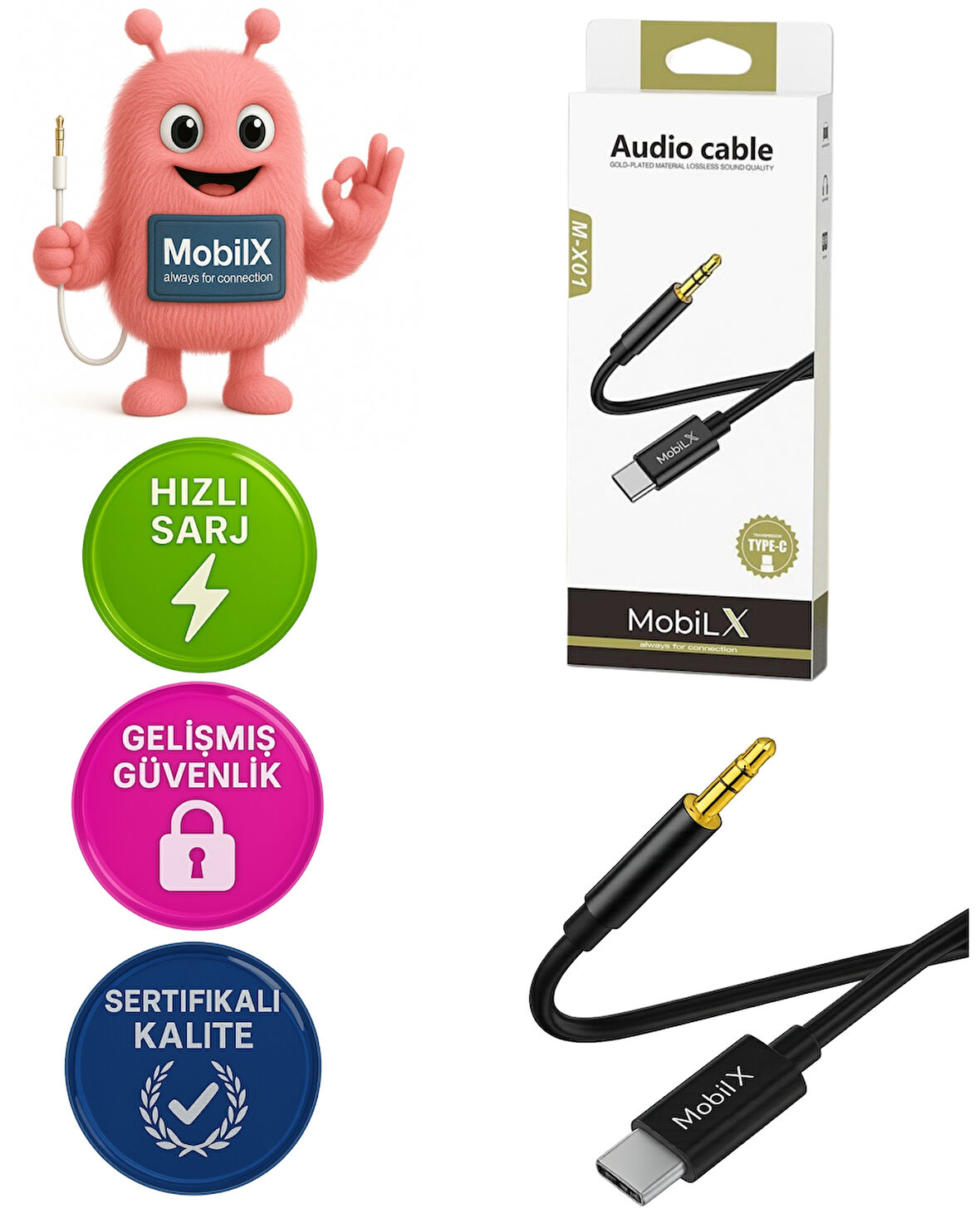 MobiLX Type-C to 3.5mm AUX Ses Kablosu – 1m, Stereo Destekli, Dayanıklı Örgülü Kablo