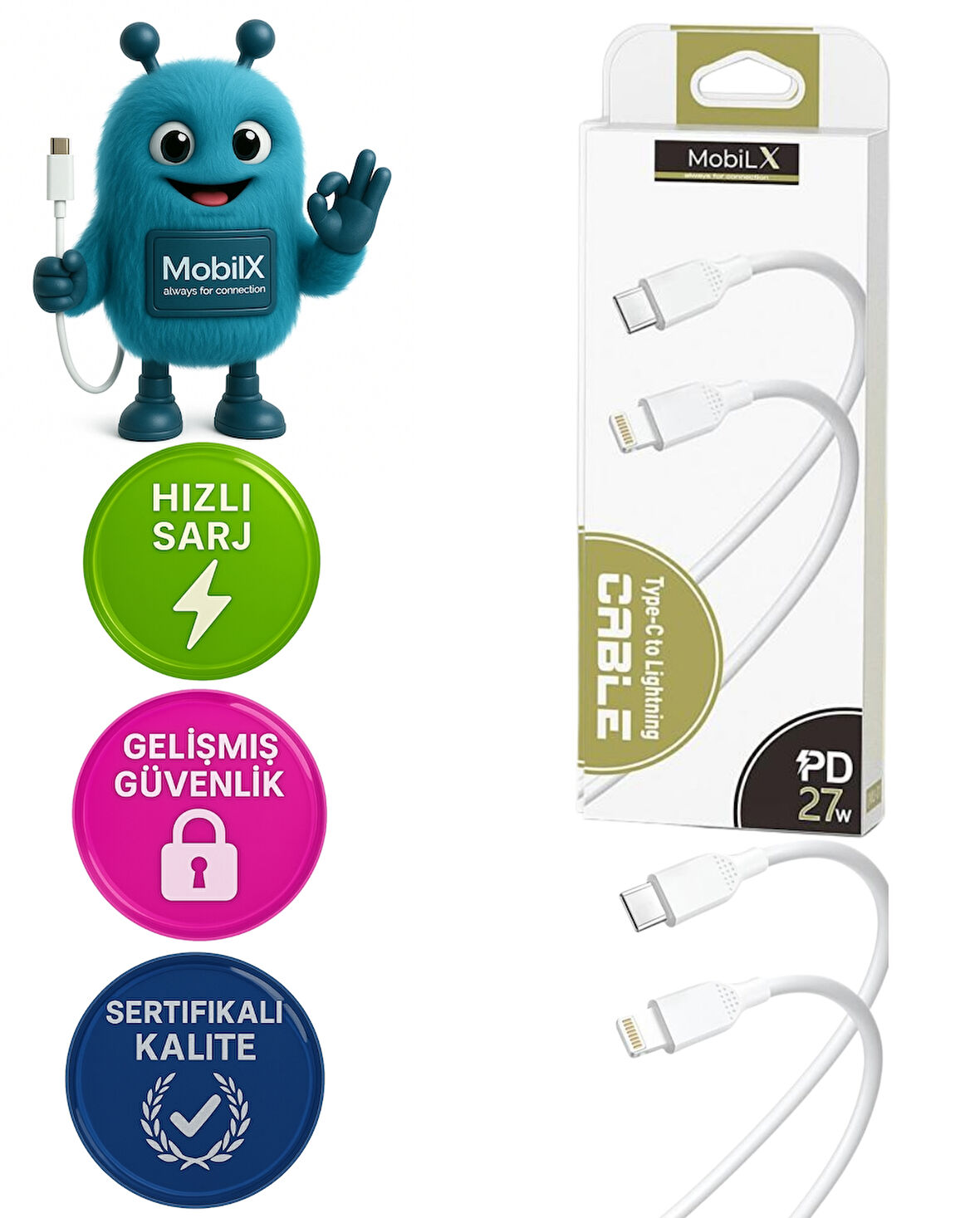 MobiLX MU-01 Type-C to Lightning PD 27W Şarj ve Data Kablosu (1m) – iPhone Uyumlu
