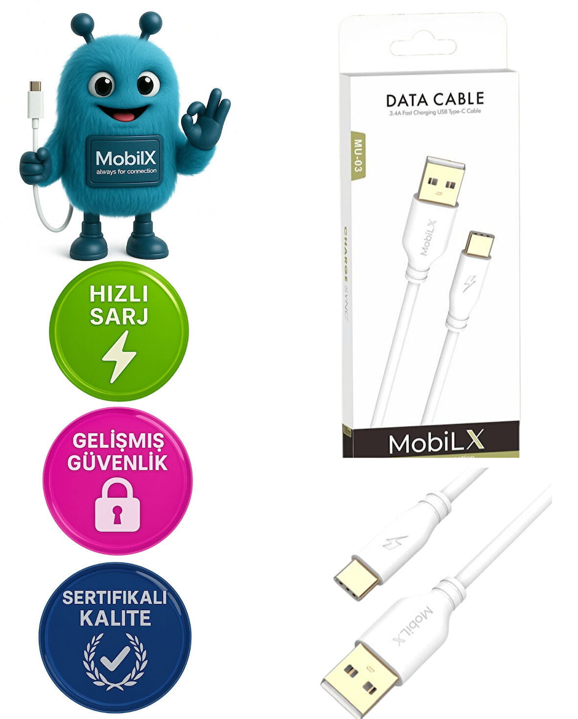 MobiLX MU-03 3.4A Bakır Uç Silikon USB to Type-C Şarj ve Data Kablosu (1m)