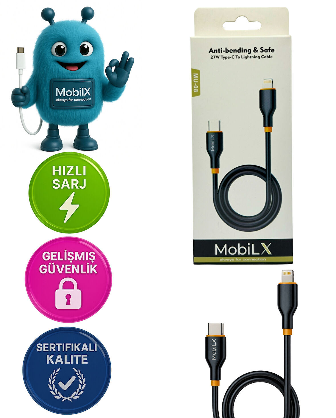 MobiLX MU-08 27W PD Silikon Type-C to Lightning Hızlı Şarj ve Data Kablosu (1m)