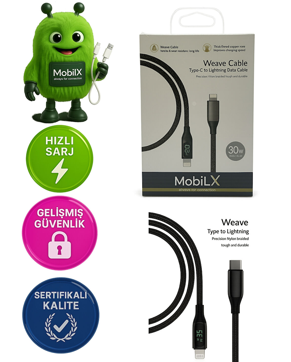 MobiLX 30W Type-C to Lightning Örgülü Şarj Kablosu – Dijital Ekranlı | Model: MU-07