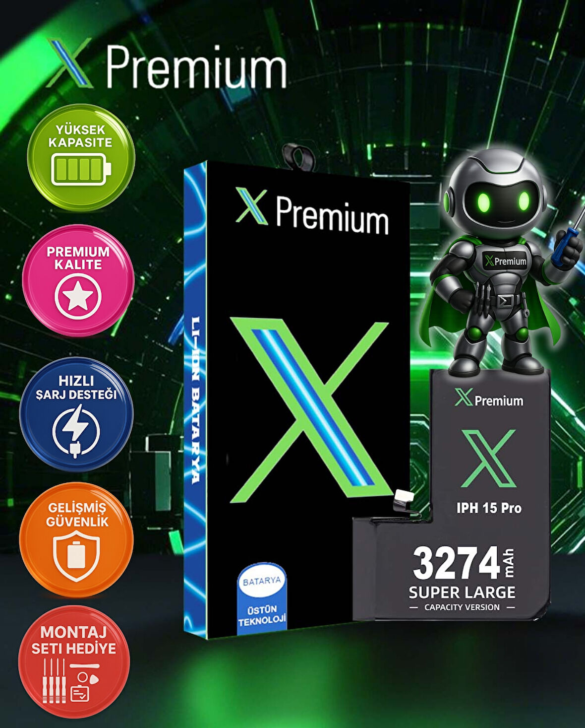 Xpremium iPhone 15 Pro Batarya – 3274 mAh Süper Yüksek Kapasiteli Güçlendirilmiş Pil