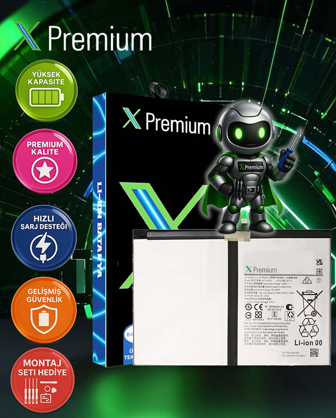 Xpremium Samsung Galaxy Tab A9+ 11″ SM‑X210 Batarya – 7040 mAh Süper Yüksek Kapasiteli Güçlendirilmiş Pil