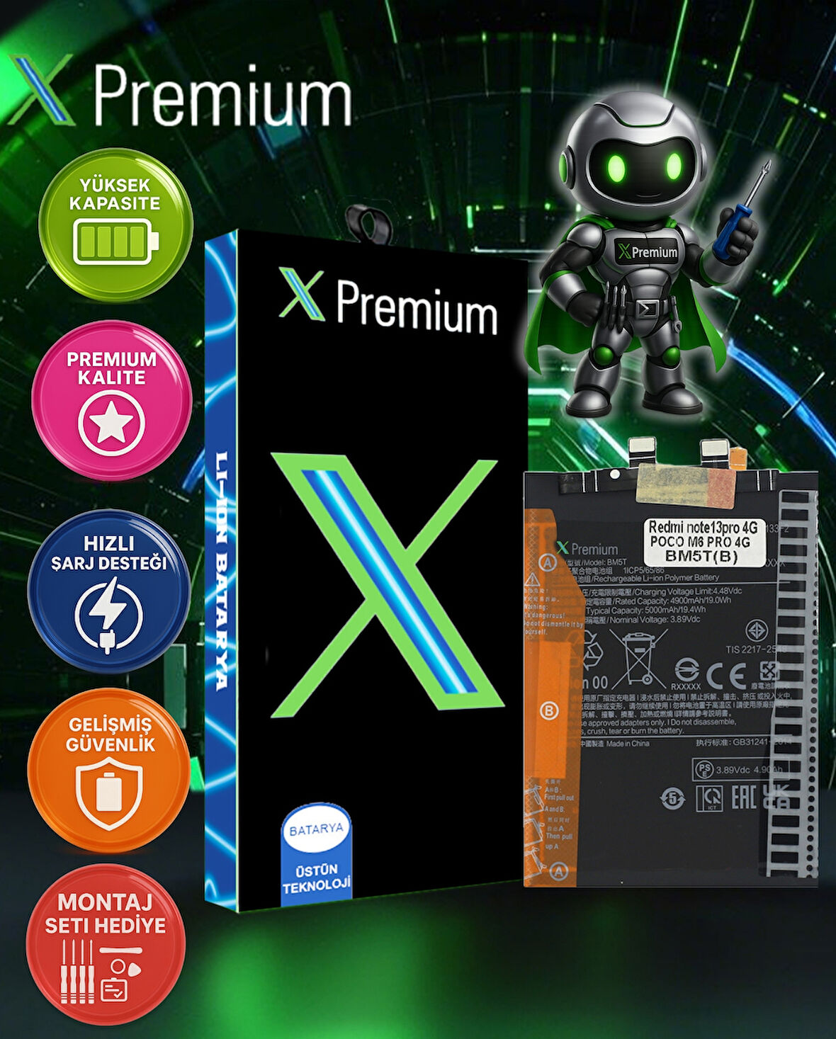 Xpremium Xiaomi Redmi Note 13 Pro (BM5T) Batarya – 4900 mAh Süper Yüksek Kapasiteli Güçlendirilmiş Pil
