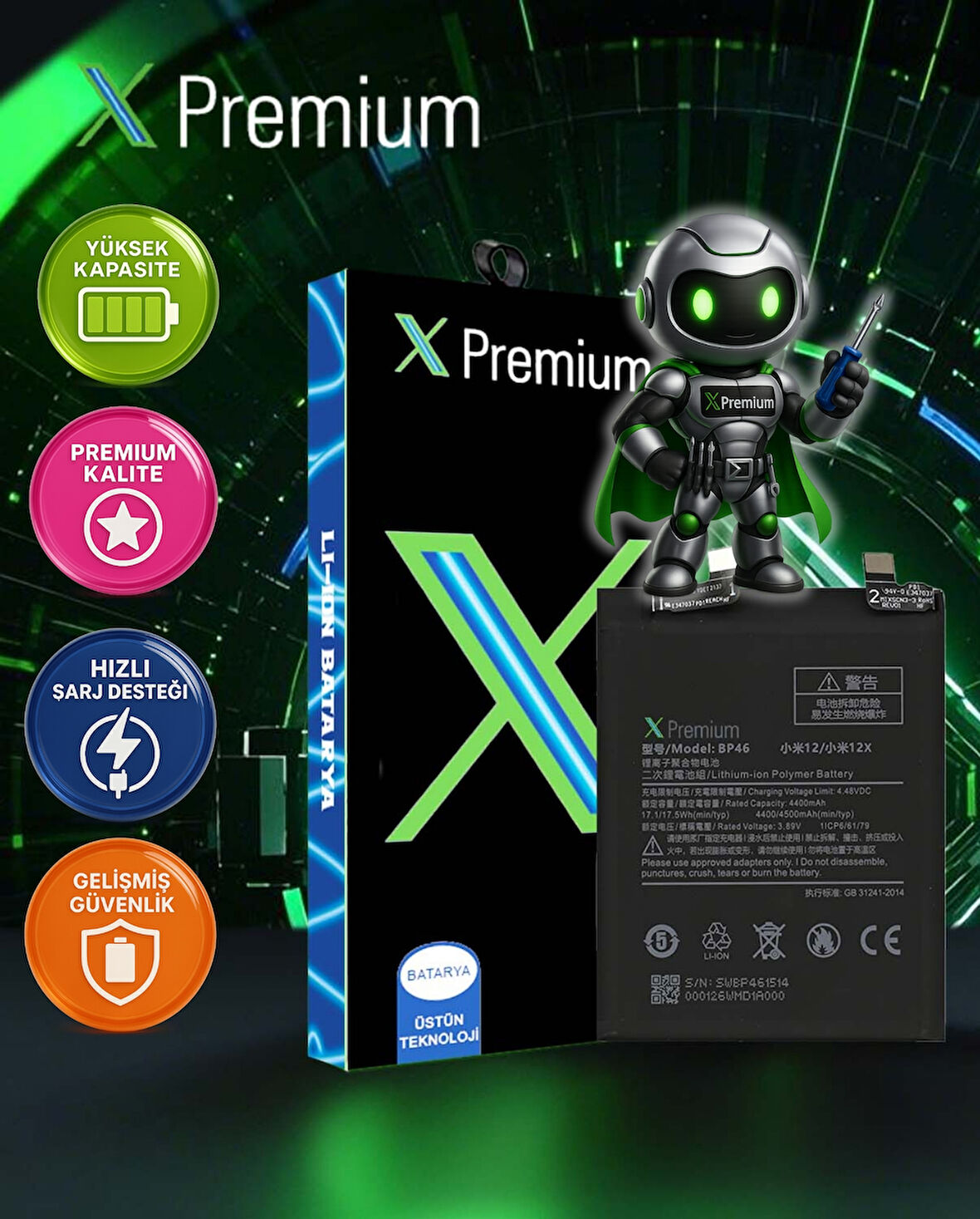 Xpremium Xiaomi Mi 12 (BP46) Batarya – 4500 mAh Süper Yüksek Kapasiteli Güçlendirilmiş Pil