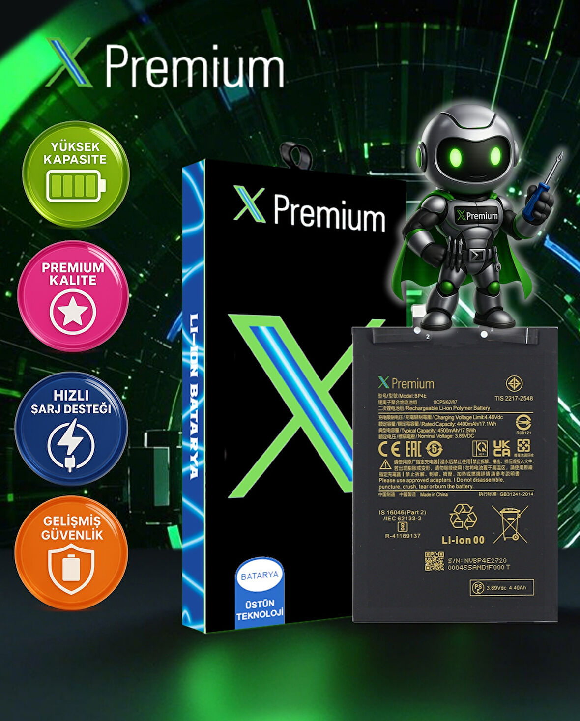 Xpremium Xiaomi Mi 13 Lite (BP4E) Batarya – 4500 mAh Süper Yüksek Kapasiteli Güçlendirilmiş Pil