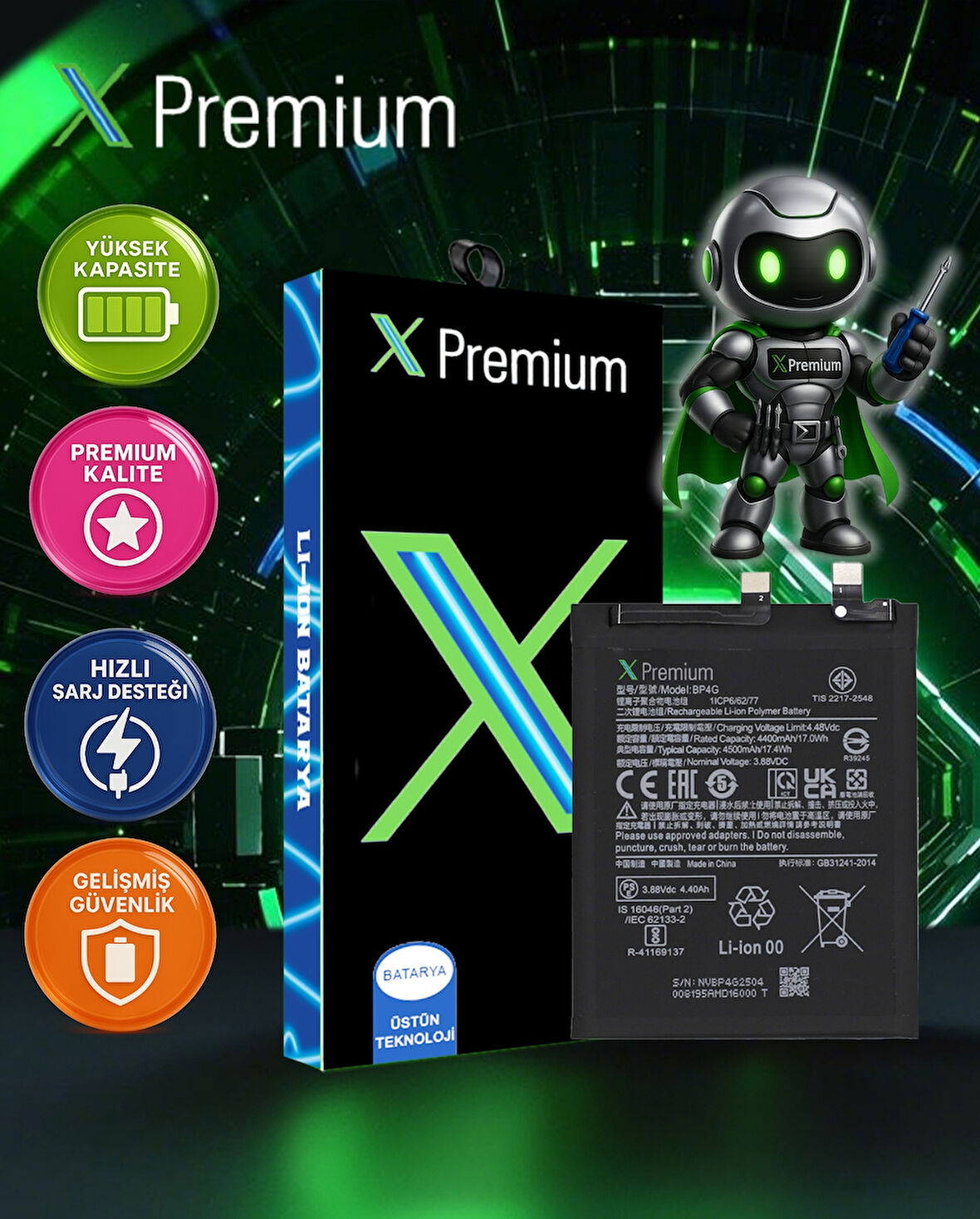 Xpremium Xiaomi Mi 13 Pro (BP4D) Batarya – 4500 mAh Süper Yüksek Kapasiteli Güçlendirilmiş Pil