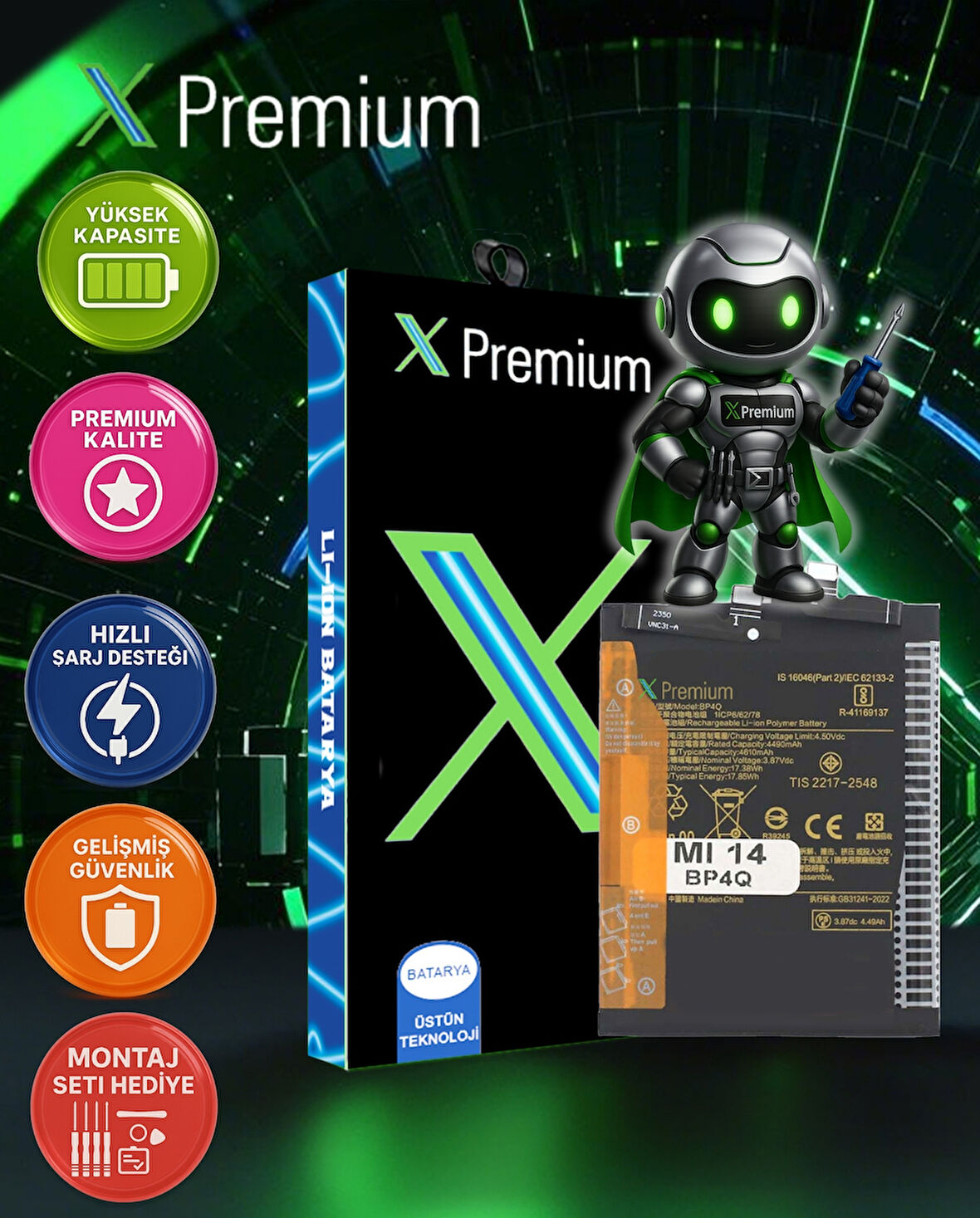 Xpremium Xiaomi Mi 14 (BP4Q) Batarya – 4610 mAh Süper Yüksek Kapasiteli Güçlendirilmiş Pil