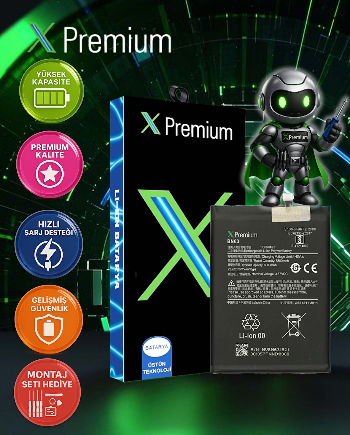 ​​Xpremium Xiaomi Redmi 10 / 10 Prime Batarya Pil Süper Yüksek Kalite BN63 5000 mAh