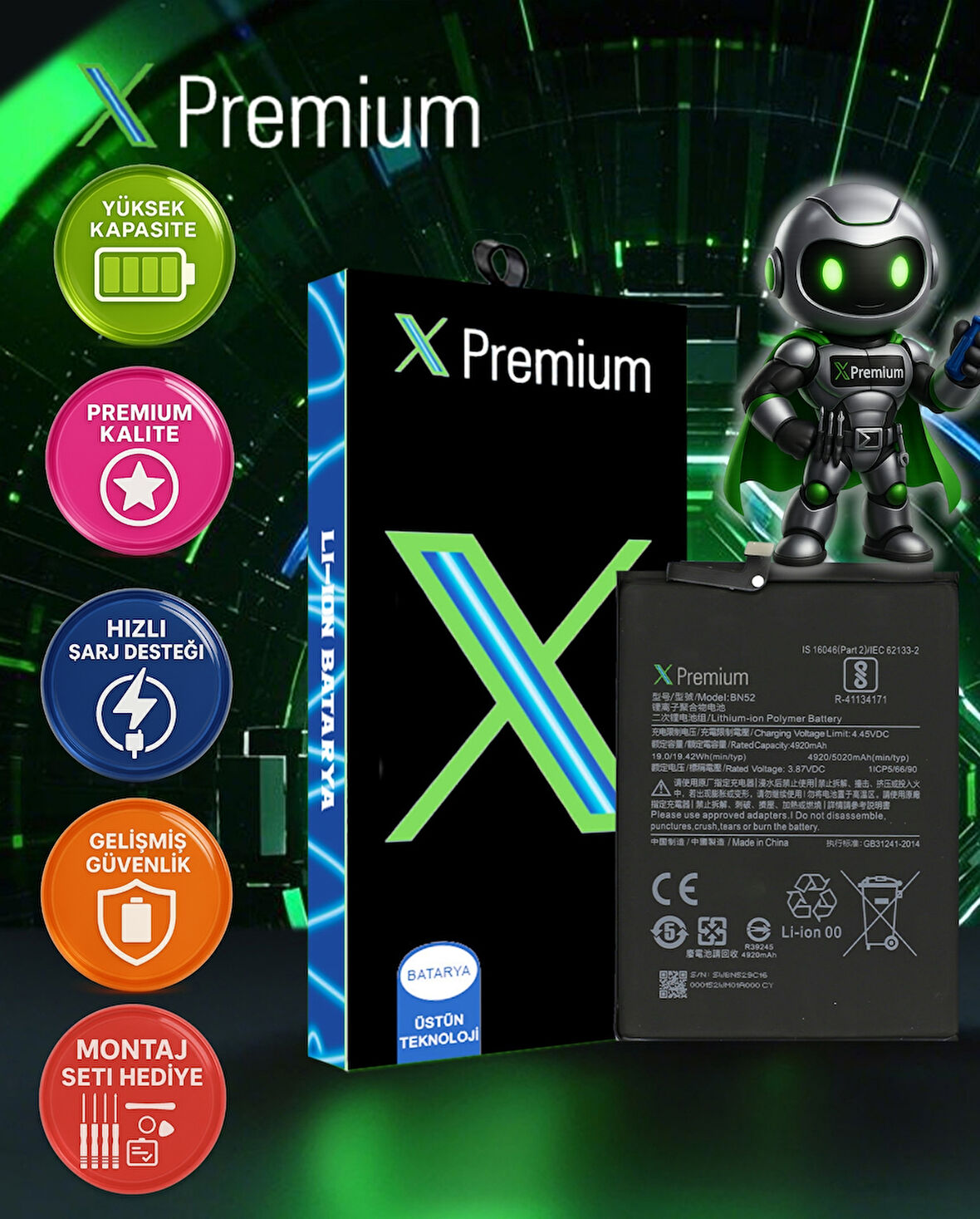 Xpremium Xiaomi Redmi Note 9 Pro BN52 Batarya Pil Süper Yüksek Kalite 5020 mAh
