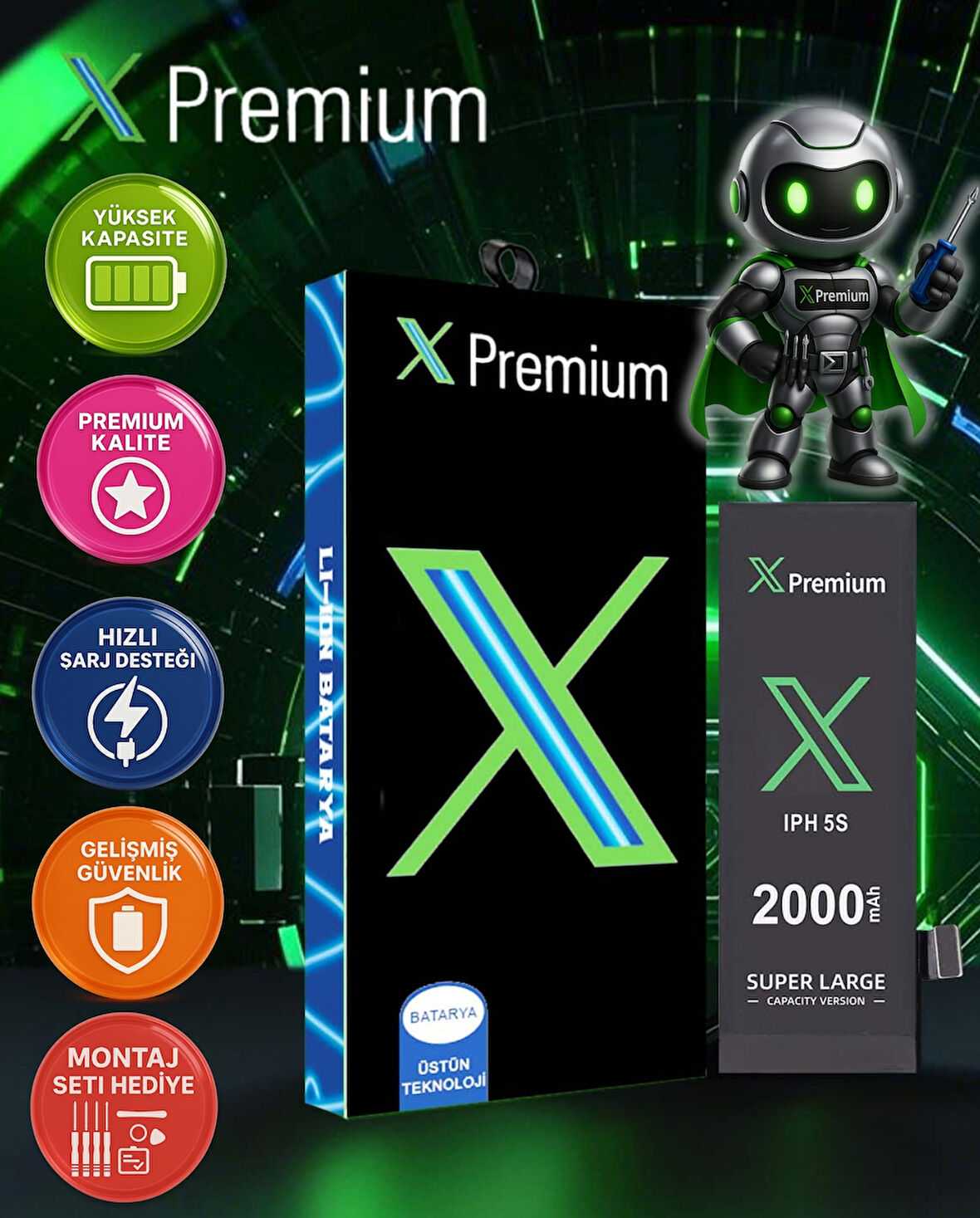 Xpremium iPhone 5S Batarya Pil Süper Yüksek Kapasiteli Güçlendirilmiş 2000 mAh