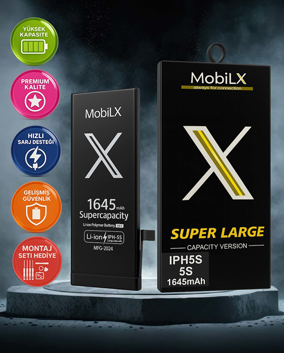 MobilX iPhone 5S Batarya Pil Süper Yüksek Kapasiteli Güçlendirilmiş 1645 mAh