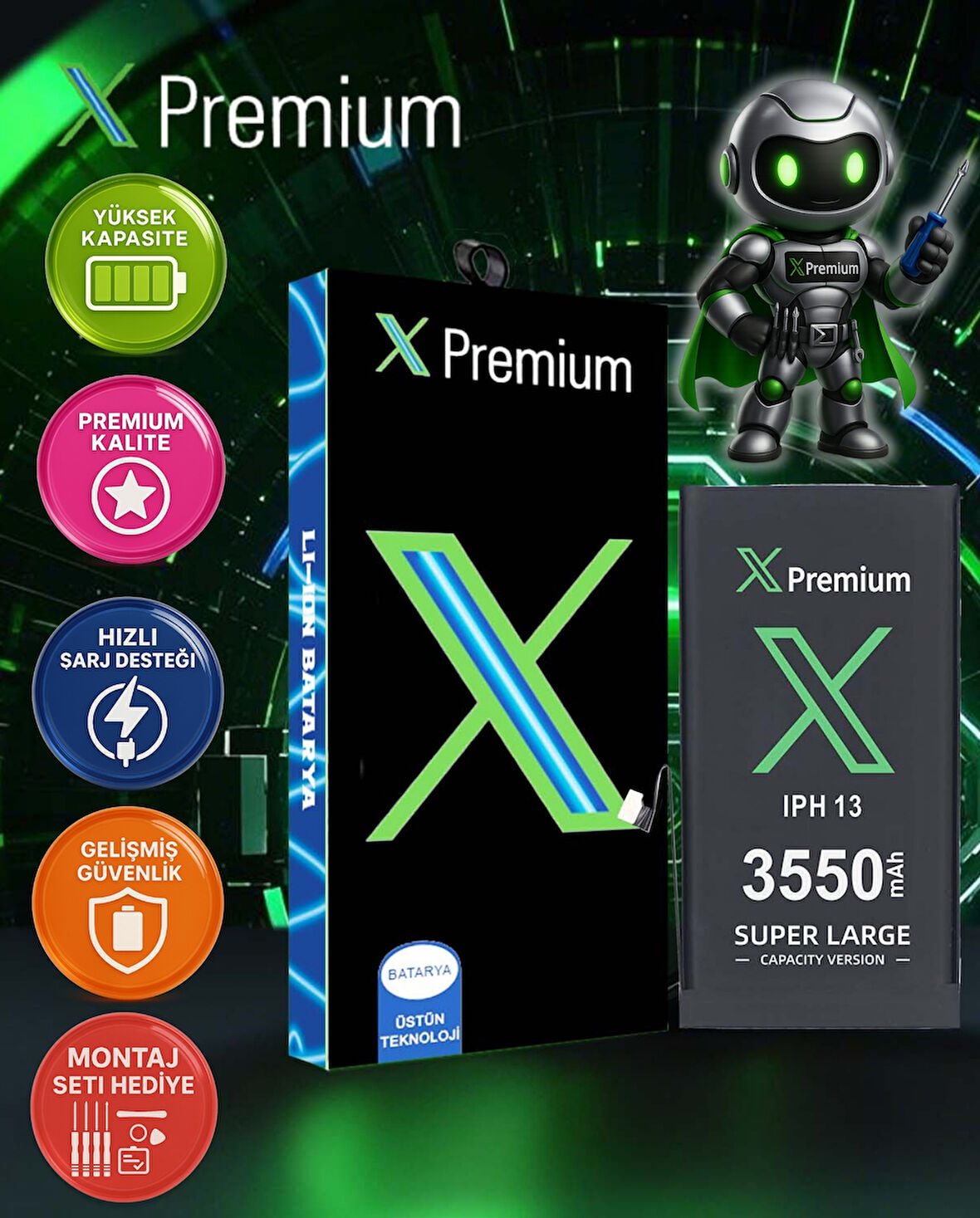 Xpremium iPhone 13 Batarya Pil Süper Yüksek Kapasiteli Güçlendirilmiş 3550 mAh
