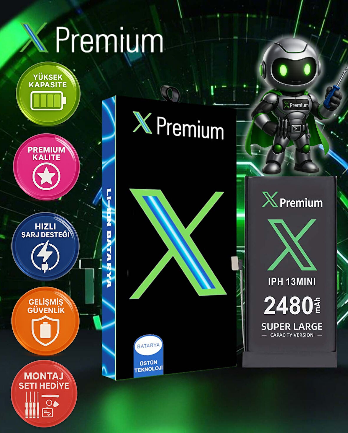 Xpremium iPhone 13 Mini Batarya Pil Süper Yüksek Kapasiteli Güçlendirilmiş 2480 mAh