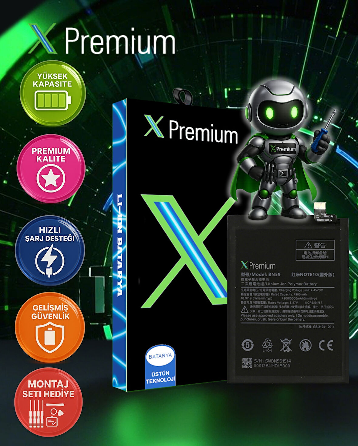 Xpremium Xiaomi Redmi Note 10 Uyumlu Batarya Pil Süper Yüksek Kalite 5000 mAh BN59