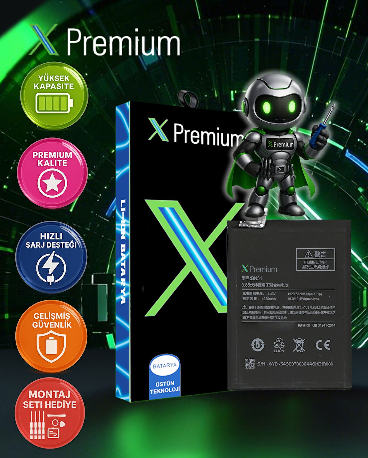 Xpremium Xiaomi Redmi 10X 4G Uyumlu Batarya Pil Süper Yüksek Kalite 5020 mAh BN54