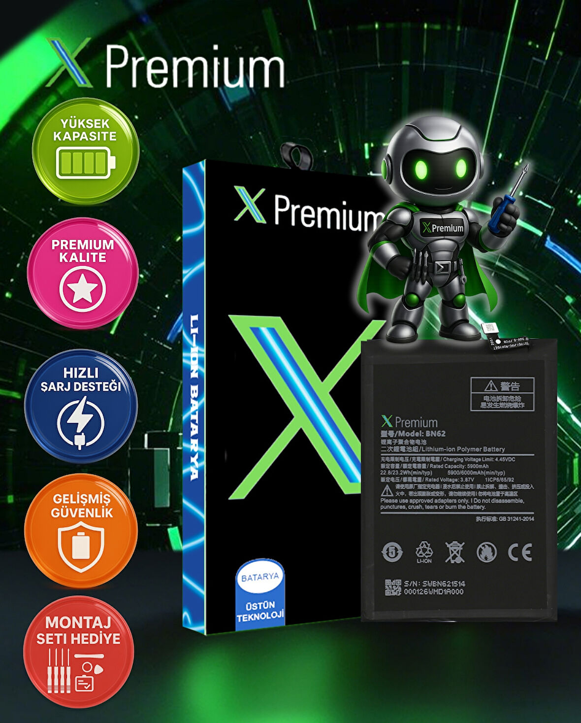 Xpremium Xiaomi Redmi NOTE9 4G Uyumlu Batarya Pil Süper Yüksek Kalite 6000 mAh BN62