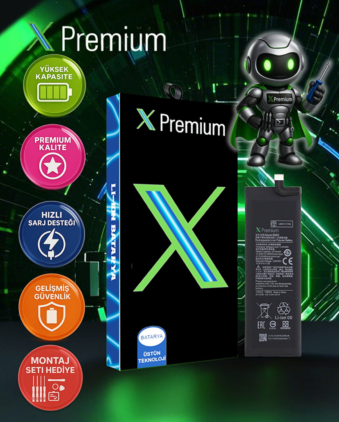 Xpremium Xiaomi MI CC9 PRO Uyumlu Batarya Pil Süper Yüksek Kalite 5170 mAh BM52