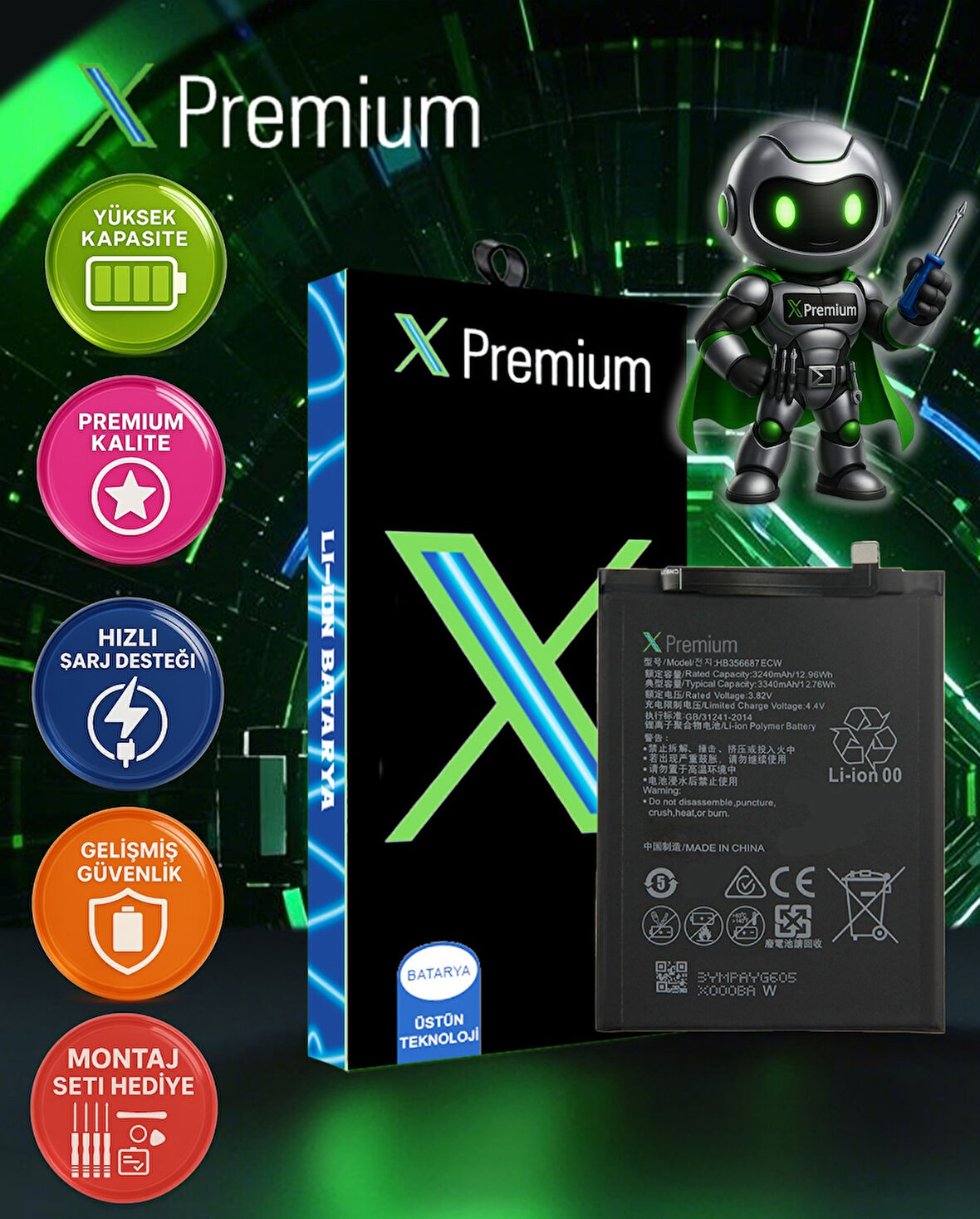 Xpremium Huawei Maimang6 Uyumlu Batarya Pil Süper Yüksek Kalite 3240/3340 mAh HB356687ECW
