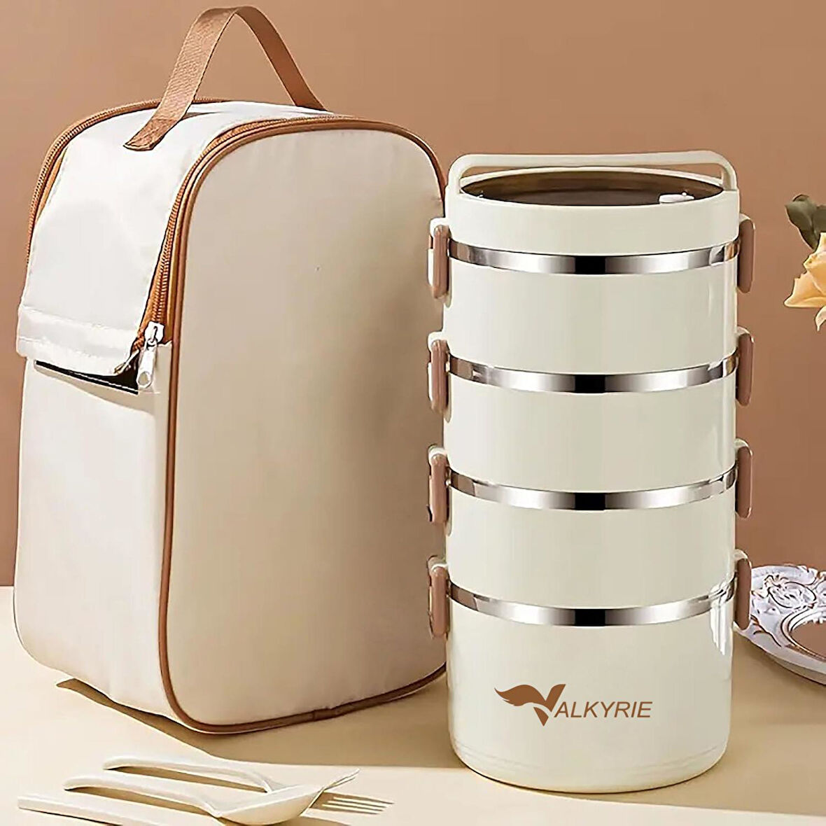 Valkyrie 4 Gözlü Paslanmaz Çelik Isı Yalıtımlı Yemek Kabı Seti Çantalı Geniş Kaplar Bento Çantalı