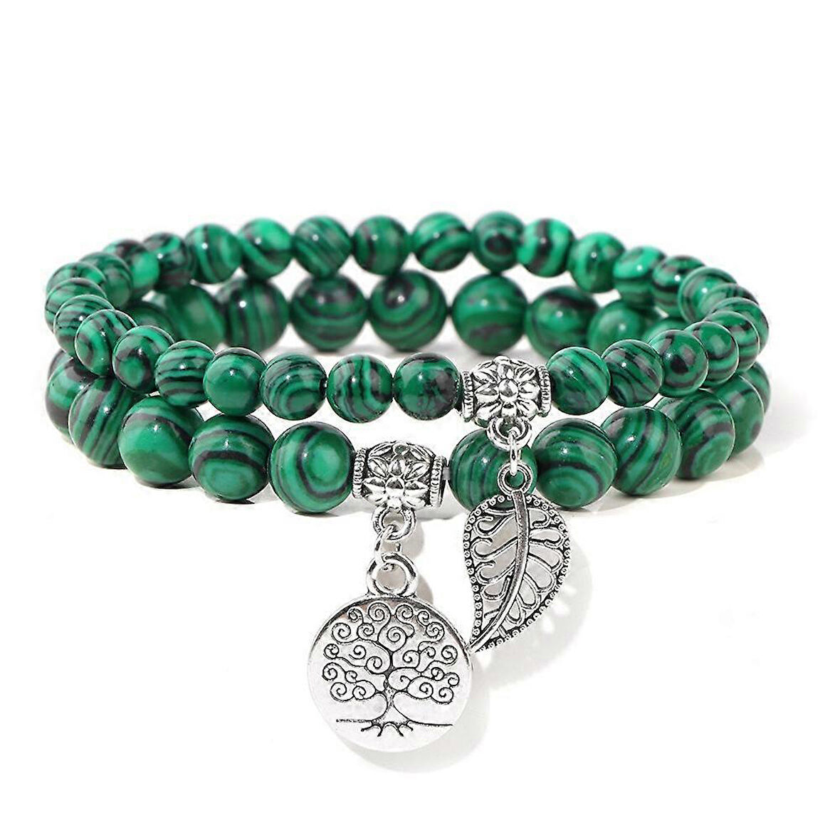 Valkyrie Doğal Malakit Taşı Bileklik Seti – Hayat Ağacı & Yaprak Charm | Enerji Dengeleyici, El Yapımı 