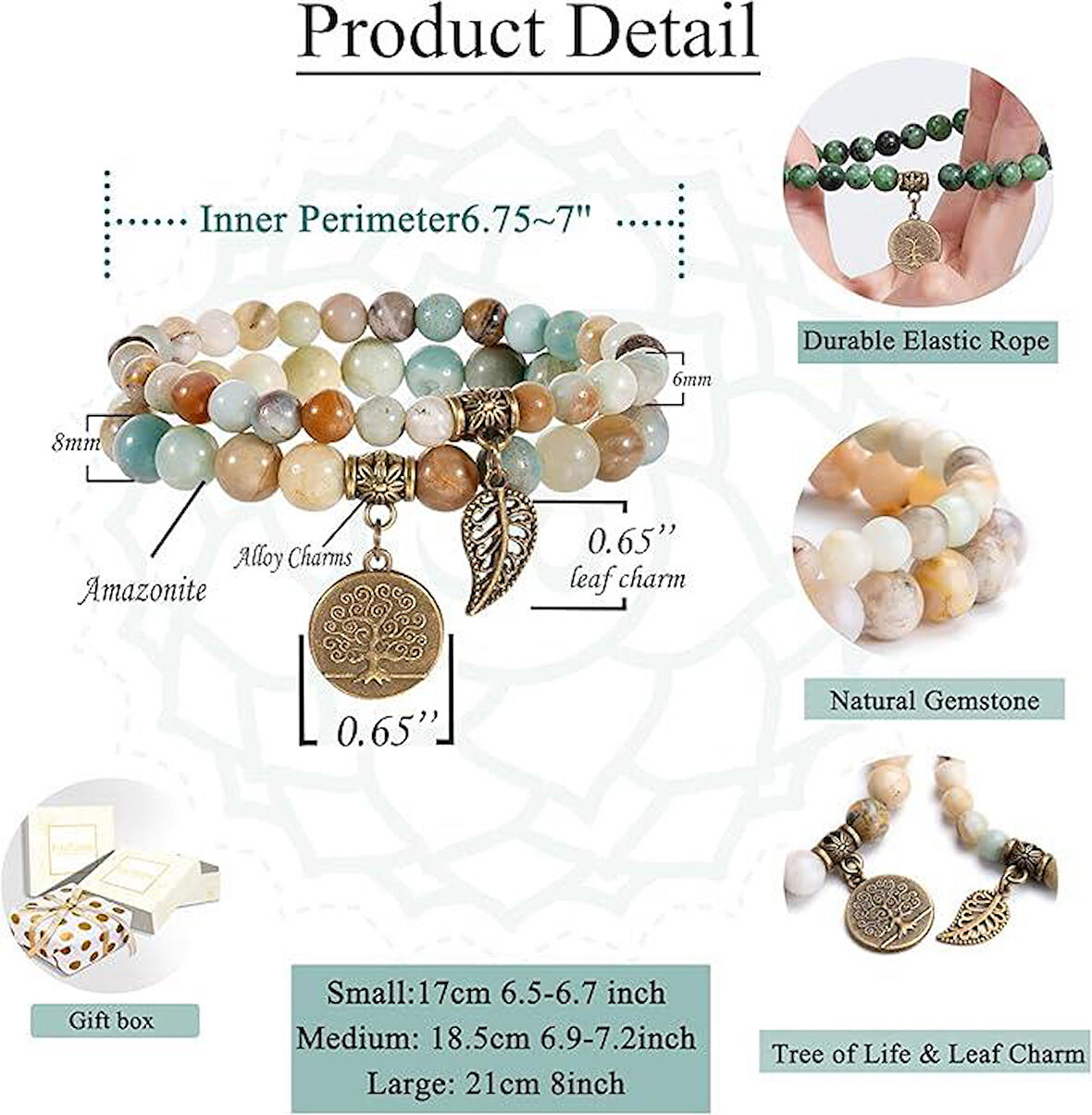 Valkyrie Doğal Amazonit Taşı Bileklik Seti Hayat Ağacı & Yaprak Charm El Yapımı Enerji Dengeleyici