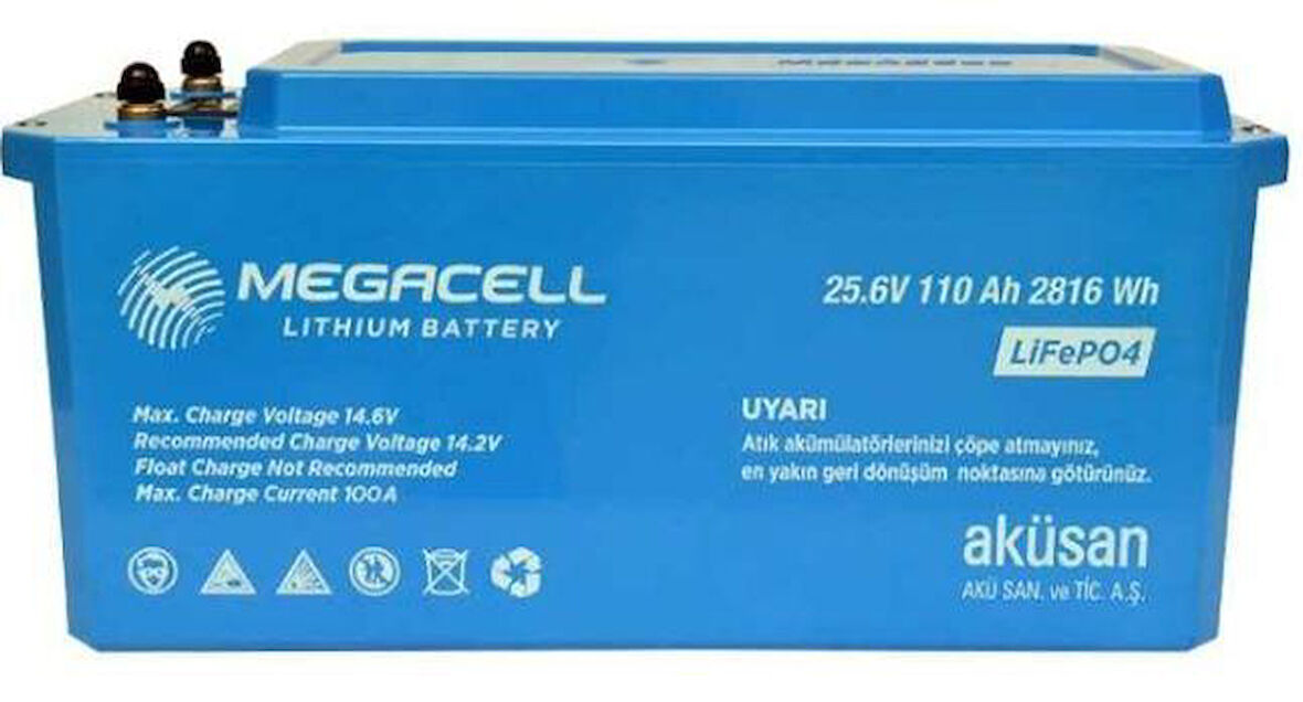 Megacell 25.6V 100Ah LiFePO4 Lityum Demir Fosfat Akü(ABS Kasa)