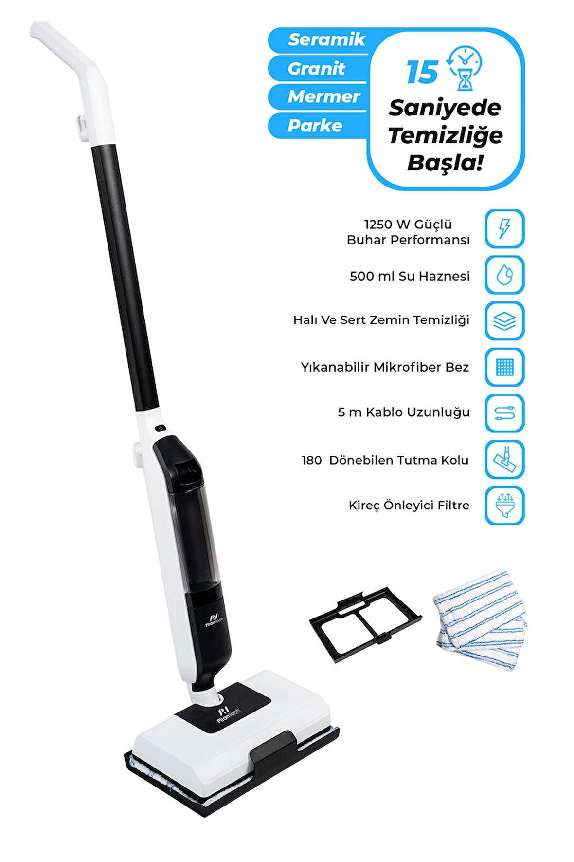 PiranTech CB702 Buharlı Mop | 1250W Güç | 180° Dönebilen Başlık | Halı ve Sert Zemin Temizleyici