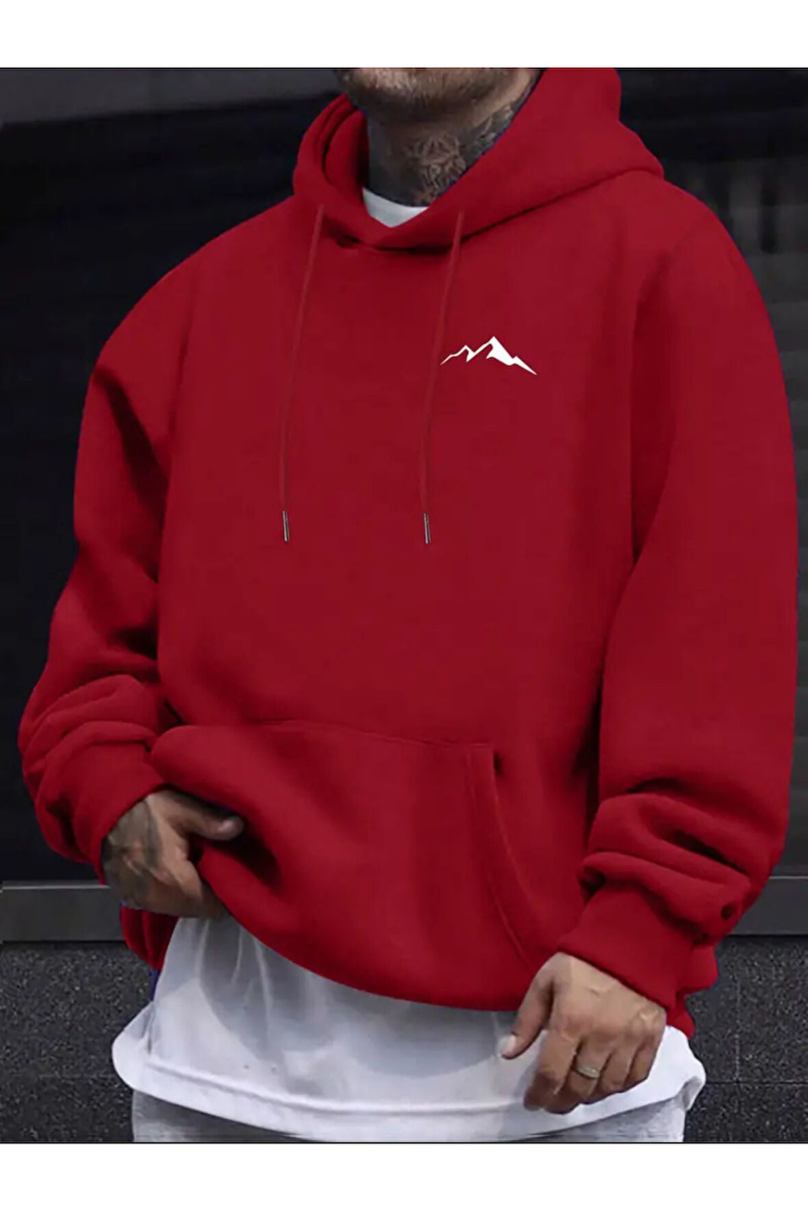 Erkek Dağ Baskılı Kapüşonlu Sweatshirt