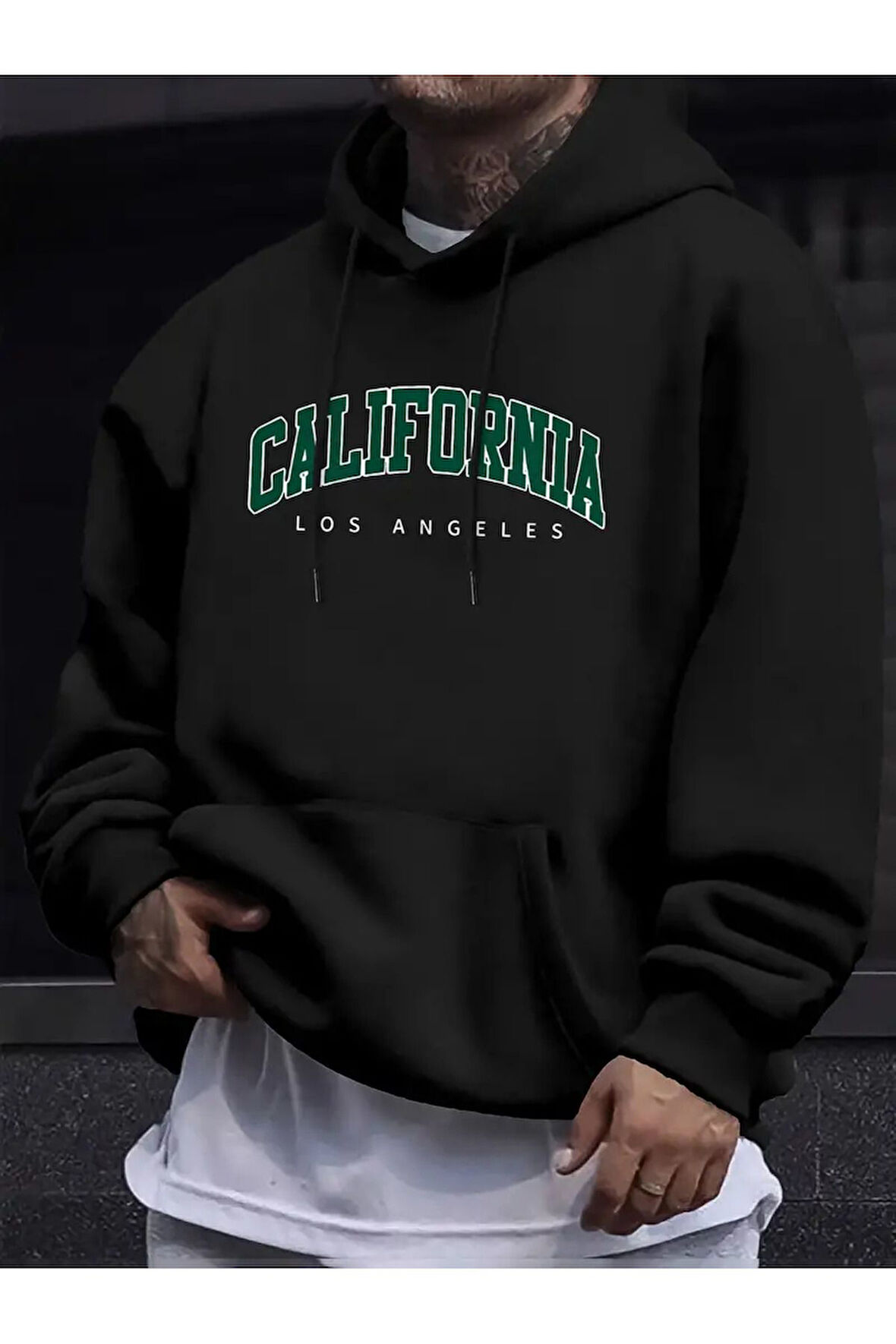 Erkek Siyah California Baskılı Kapüşonlu Oversize Sweatshirt