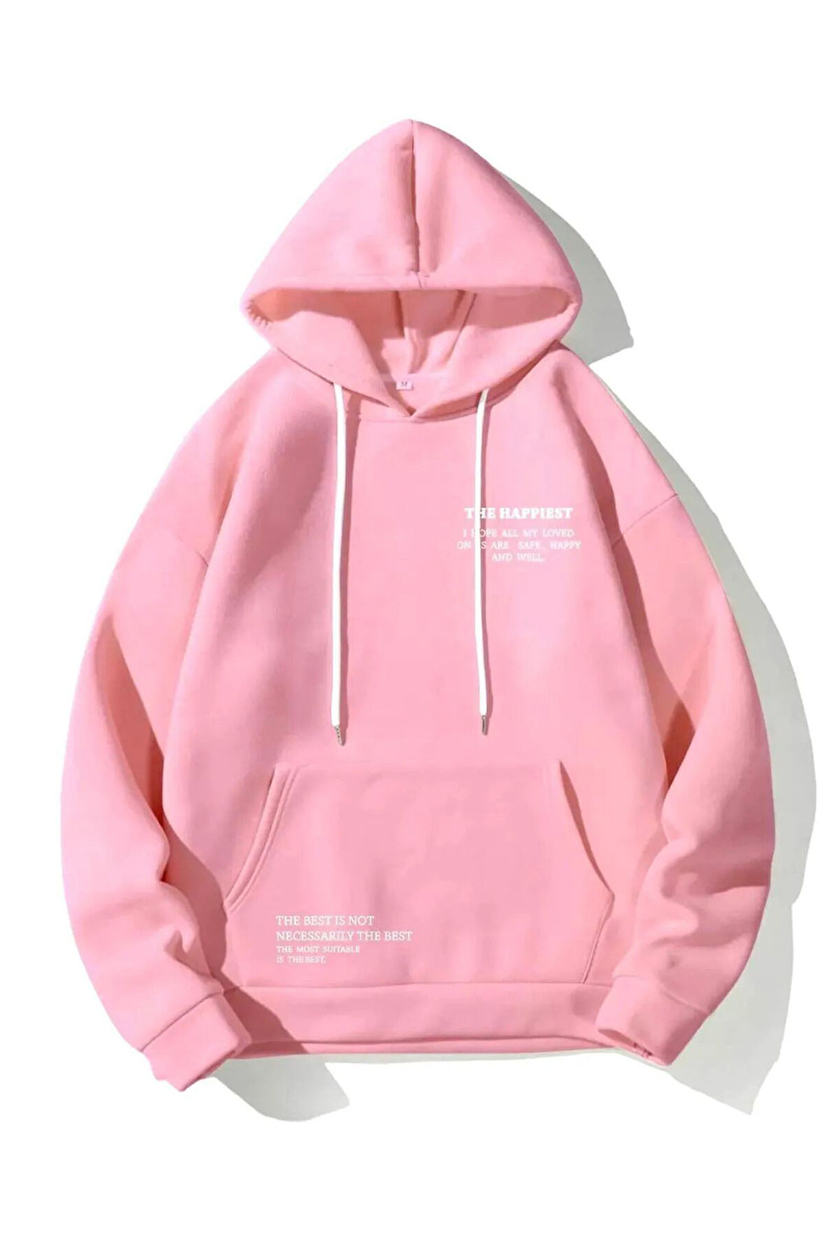 Unisex Pembe Happiest Baskılı Kapşonlu Oversize Sweatshirt