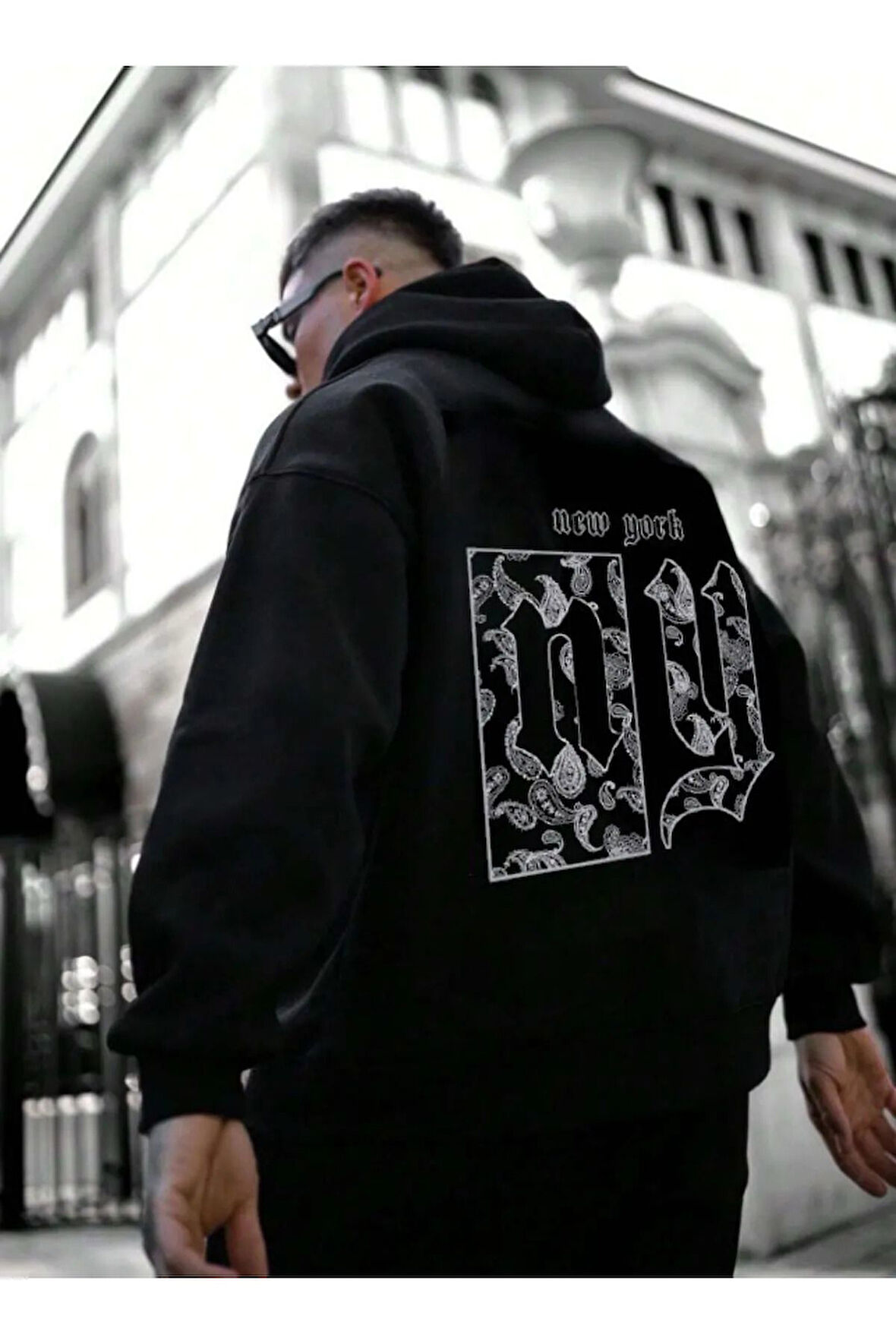 Erkek NY Baskılı Kapüşonlu Oversize Sweatshirt