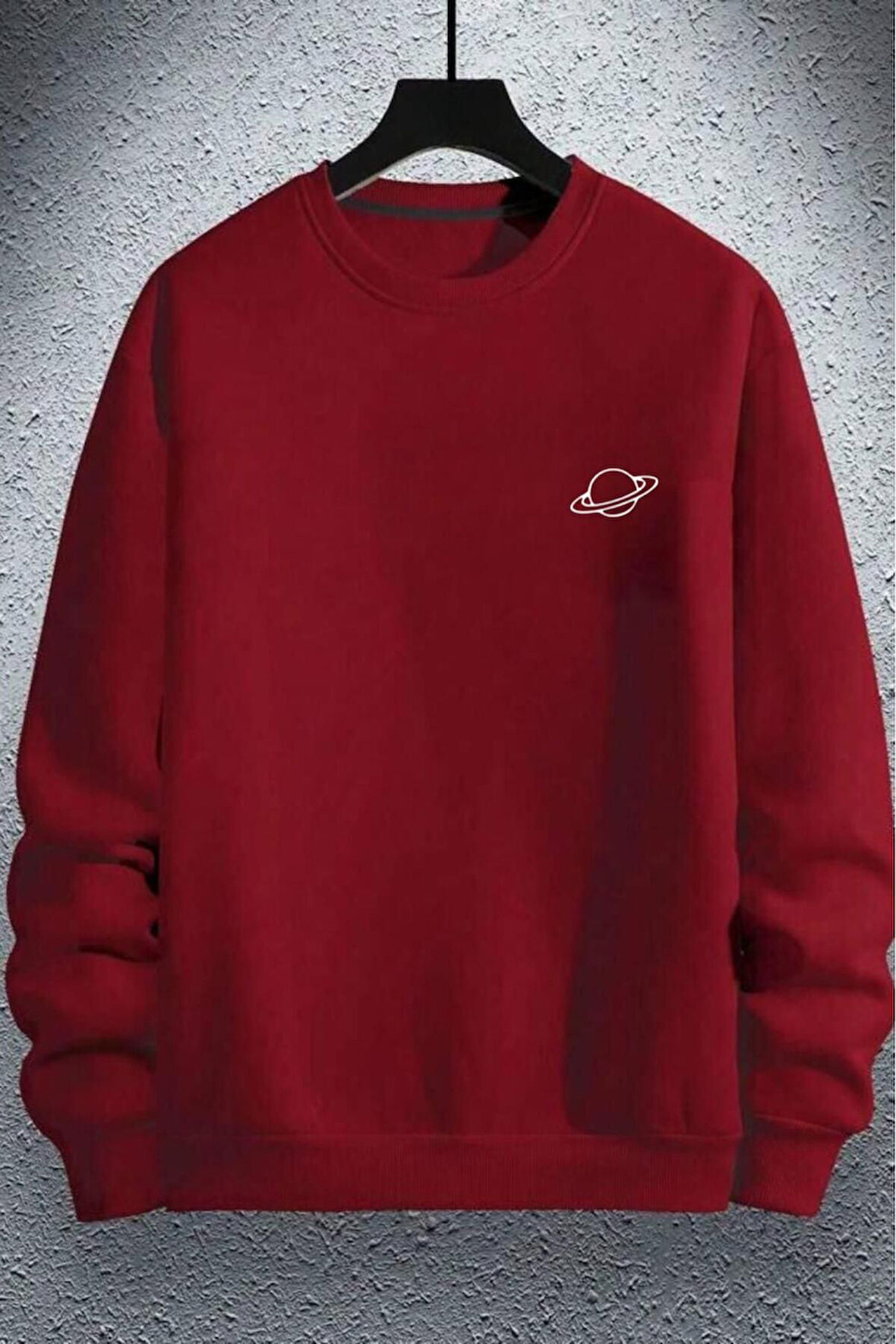 Erkek Saturn Baskılı Bisiklet Yaka Oversize Sweatshirt