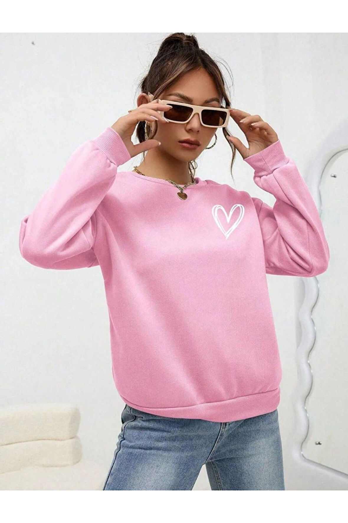 Kadın Pembe Kalp Baskılı Bisiklet Yaka Oversize Sweatshirt